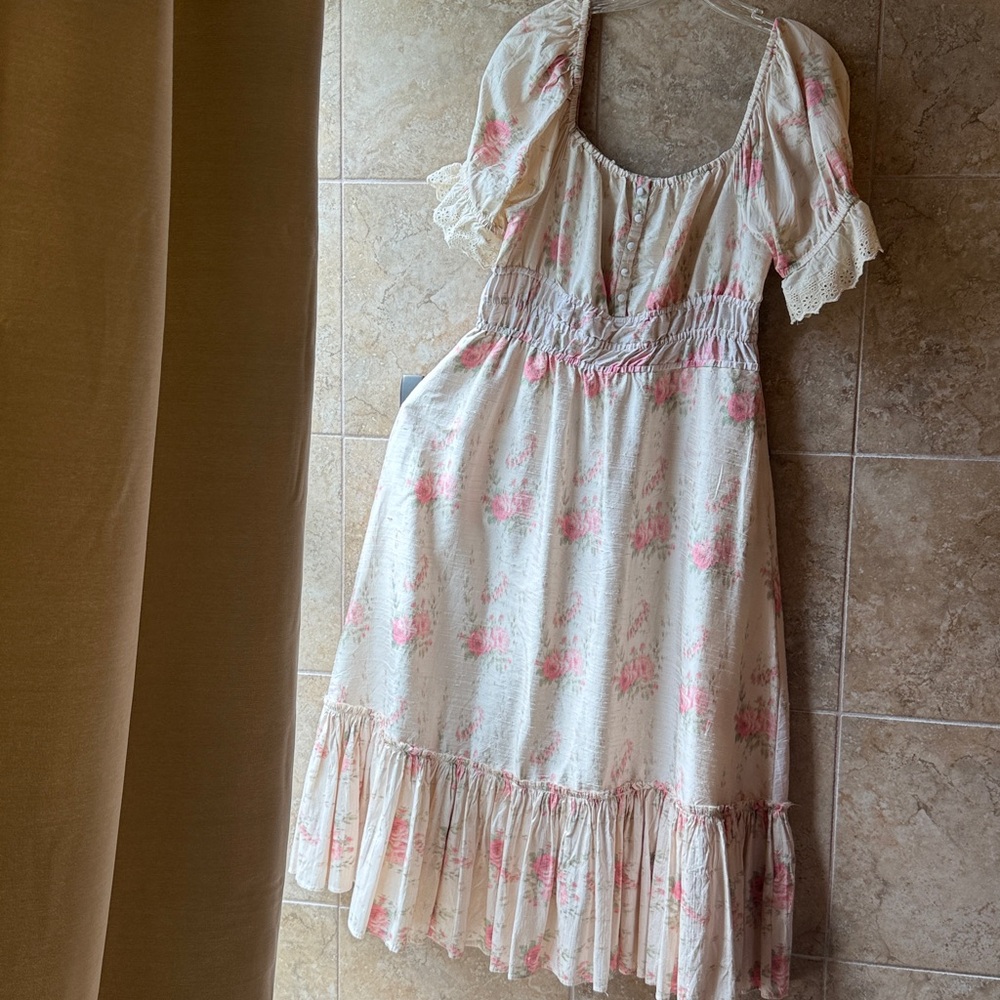 LoveShackFancy Terrence Dress 100% Silk - Pockets Ruffle Hem Puff Sleeve Eyelet - Picture 3 of 17